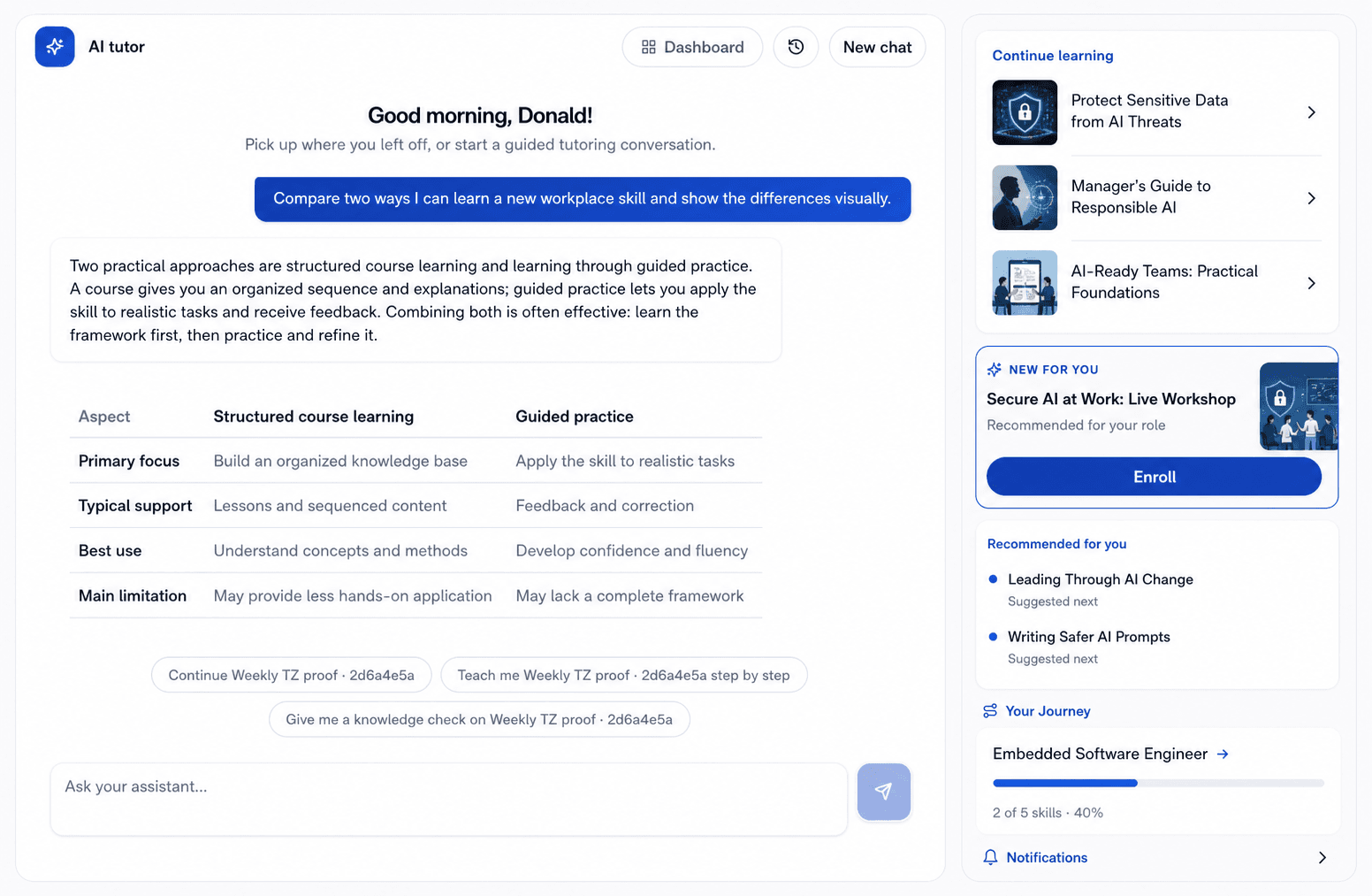 AI Tutor chat panel answering a learner question inside a course, with contextual recommended actions