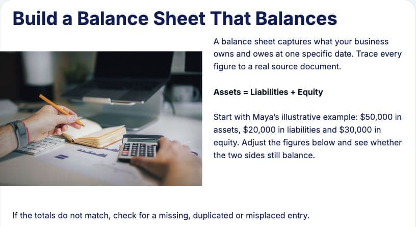 Actual Upskillable lesson: Build a Balance Sheet That Balances, with an accounting photograph and Maya’s example