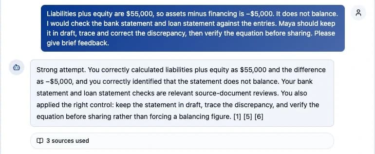 Real Tutor practice exchange: the learner identifies a 5,000 balance-sheet difference and receives feedback with three sources used