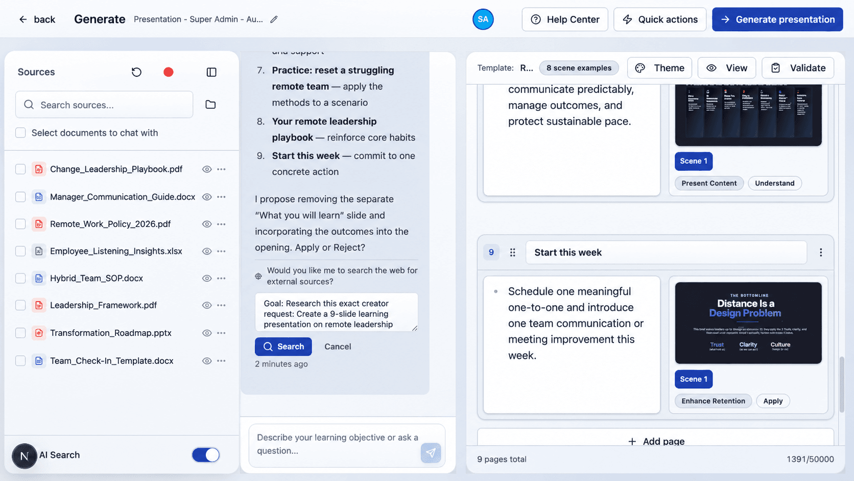 Generate Studio with source documents, a creation chat, and an editable presentation outline