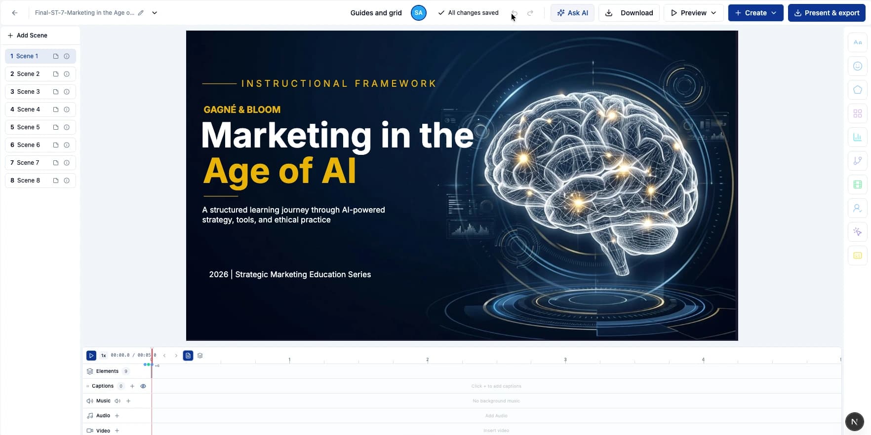 Marketing in the Age of AI in the real Slide Studio editor, with eight scenes, a designed canvas, creation tools, and the media timeline