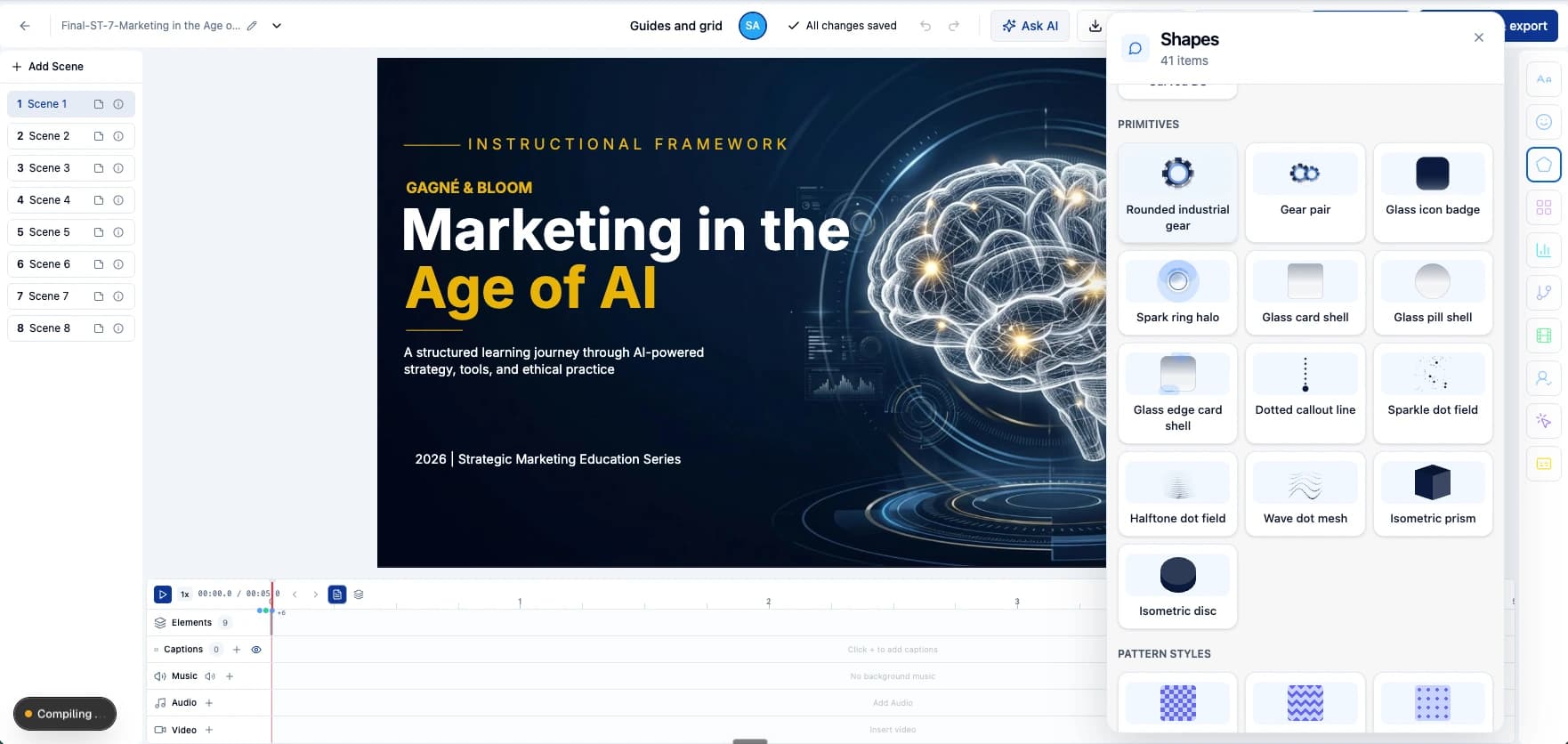 The same Marketing in the Age of AI project with the Shapes library open, showing gears, glass cards, patterns, and three-dimensional shapes