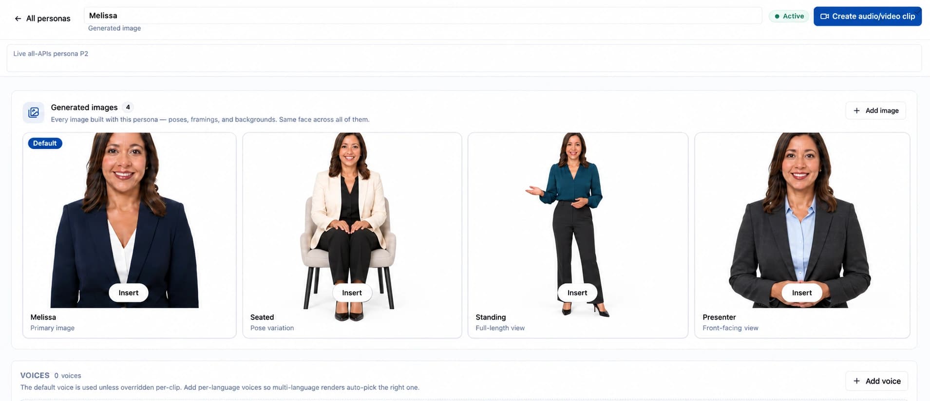 Illustrative edit of Melissa’s Avatar Studio workspace, with four distinct previews: front-facing original portrait, centered seated pose in cream, full-length standing in teal, and frontal presenter in charcoal