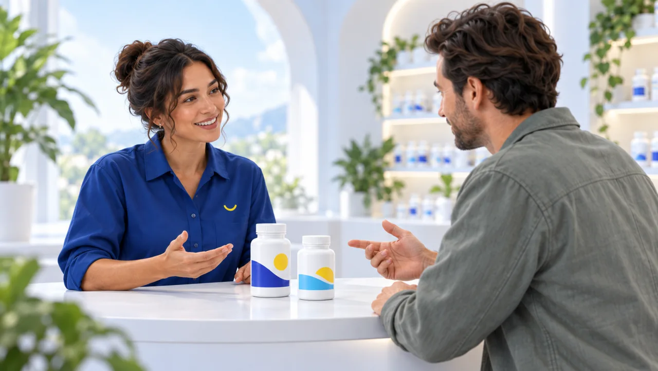 Mia and a seated customer discuss two supplements at the counter.