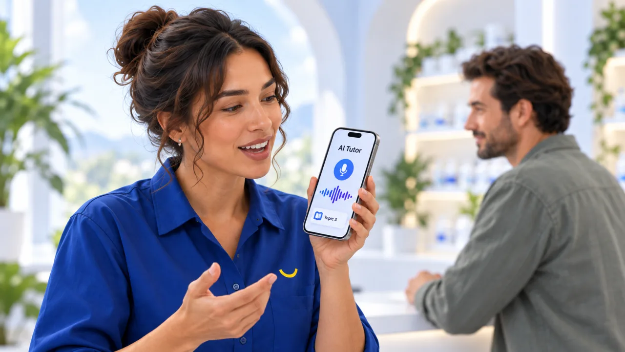 Mia asks her AI Tutor by voice which training topic covers the customer's question.