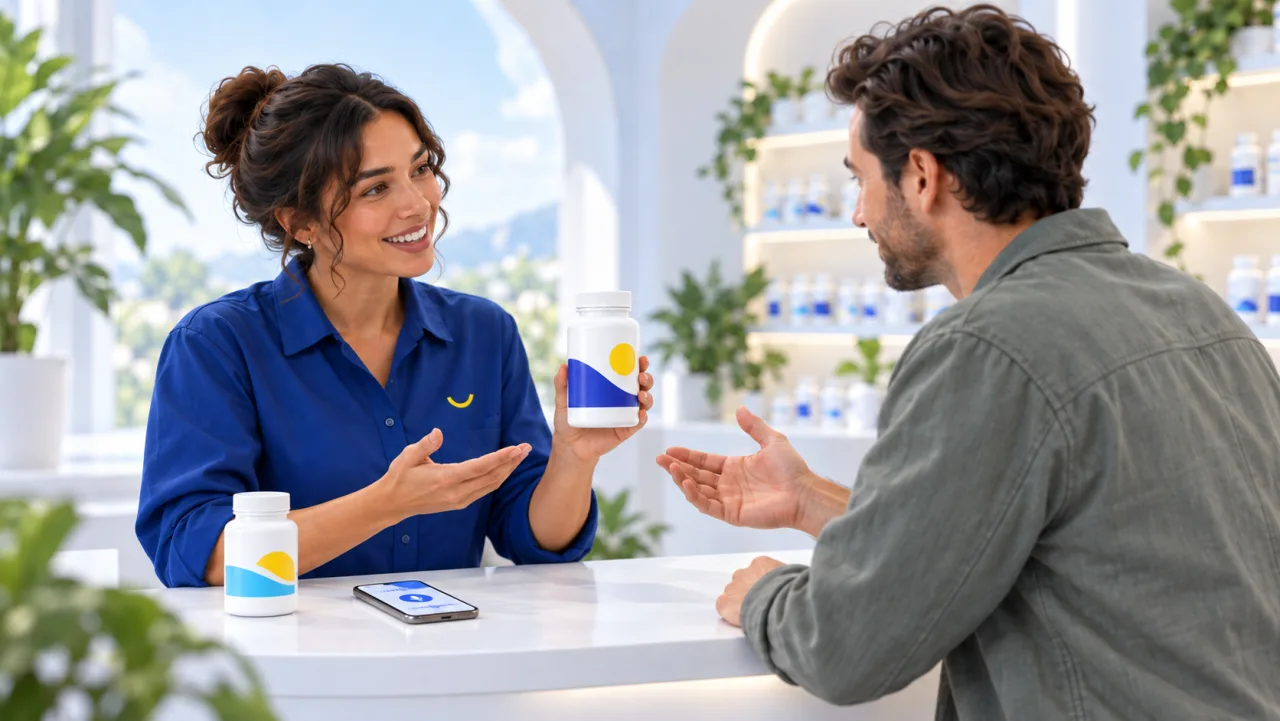 Mia offers the tall white supplement bottle with a dark-blue wave to the customer; her phone rests on the counter.