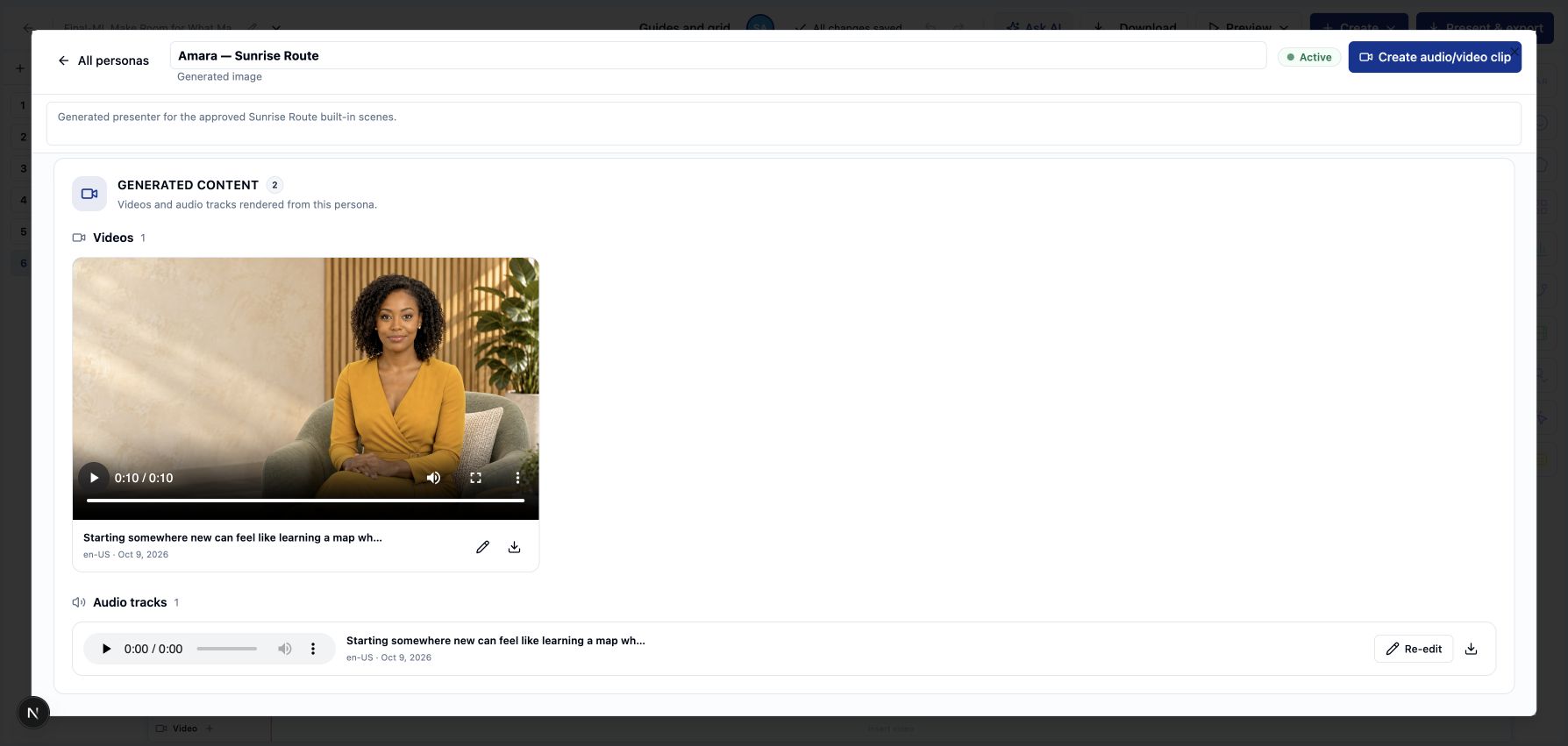 A generated presenter in Avatar Studio with a rendered video clip and its audio track