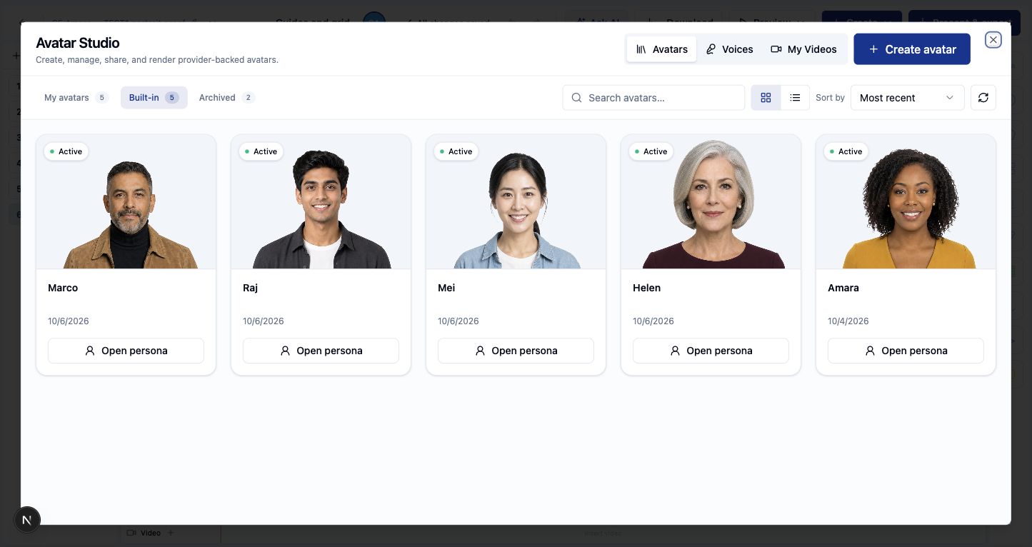 The five built-in presenters available in Upskillable Avatar Studio