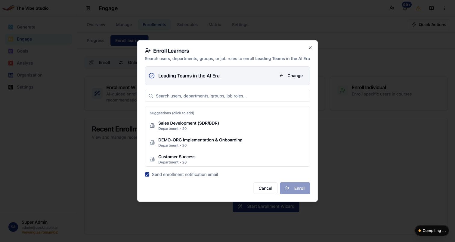 Real Enroll Learners dialog for Leading Teams in the AI Era, showing department suggestions and the notification choice