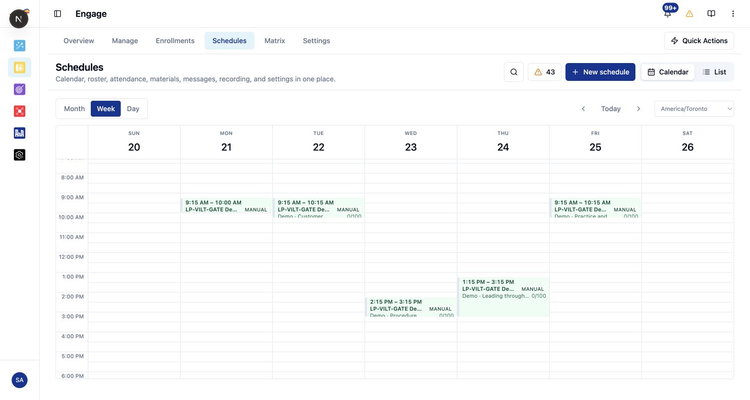 Live session calendar