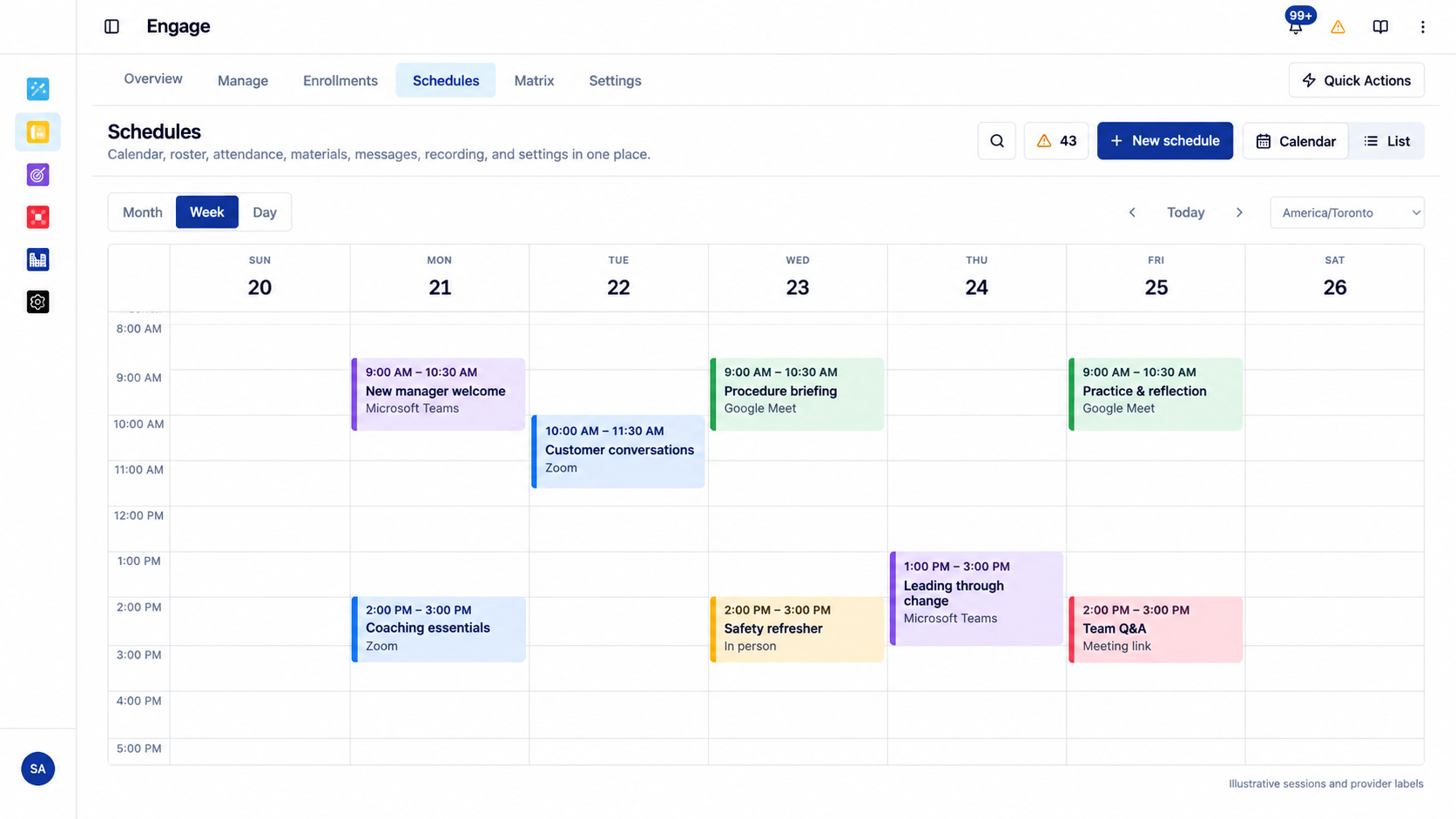 Edited Engage calendar with colorful sessions including New manager welcome on Microsoft Teams, Customer conversations on Zoom, and Procedure briefing on Google Meet