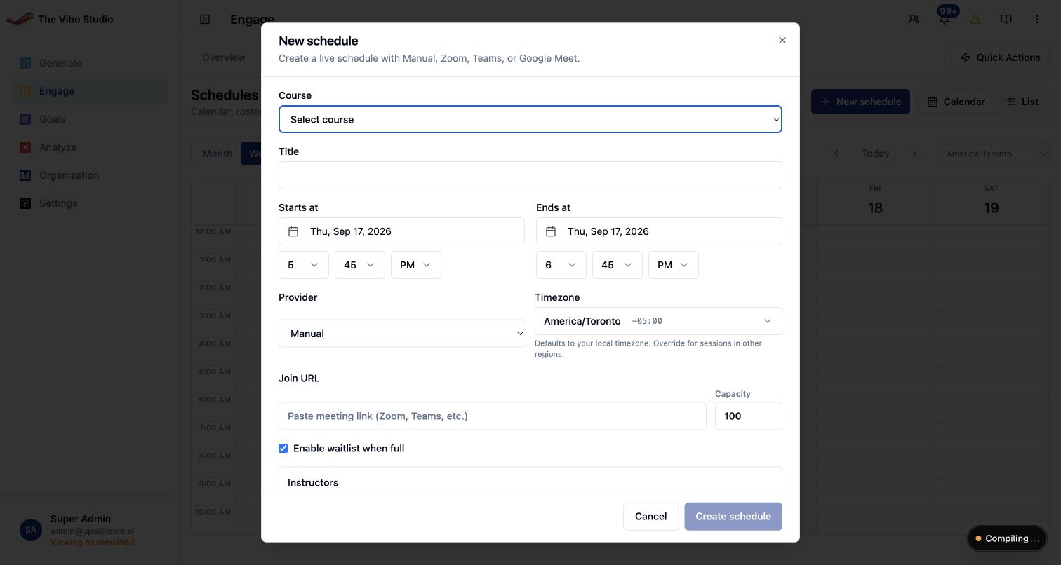 Actual Engage New schedule form with course, dates, meeting provider, time zone, join URL, capacity, waitlist, and instructor fields