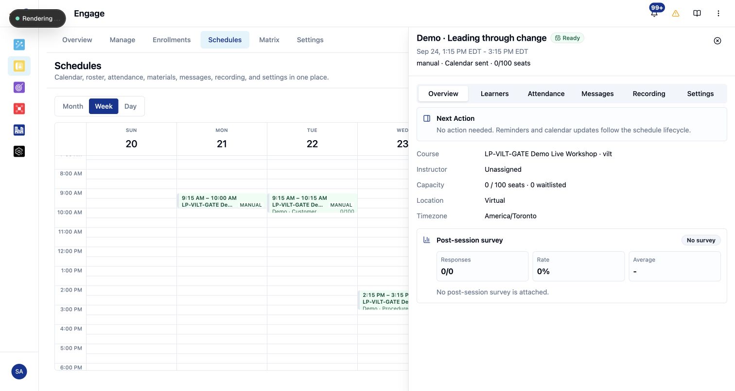 Real Engage session manager beside the calendar, with Overview, Learners, Attendance, Messages, Recording, and Settings tabs
