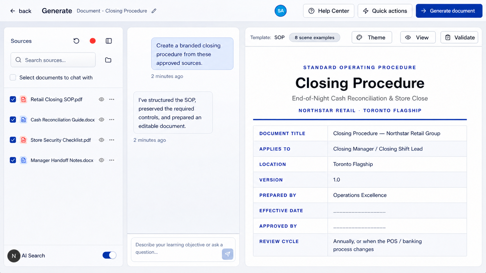 Generate Studio creating an editable SOP document titled Closing Procedure