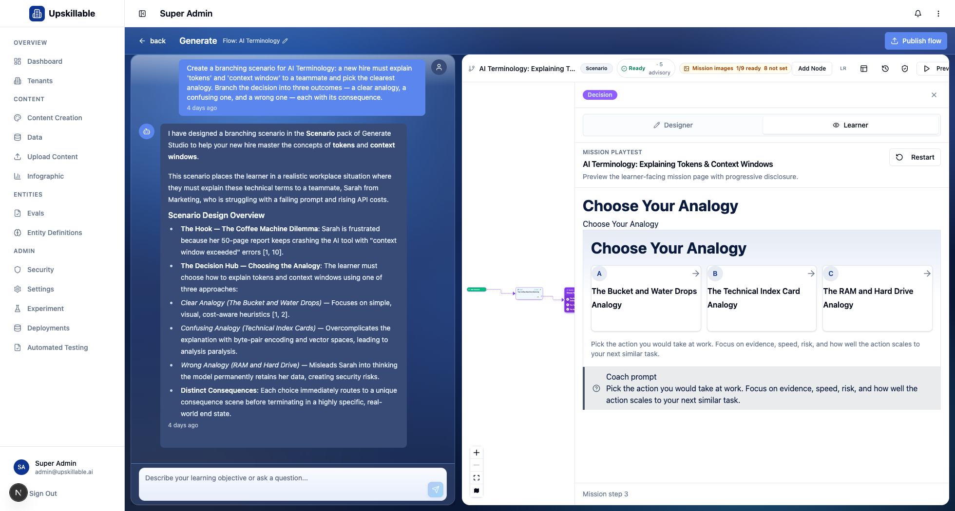 Illustrative AI terminology decision example with three learner choices and a coach prompt