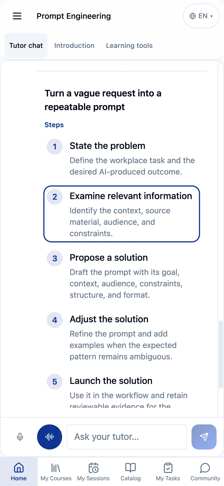 Tutor showing the five steps to turn a vague request into a repeatable prompt
