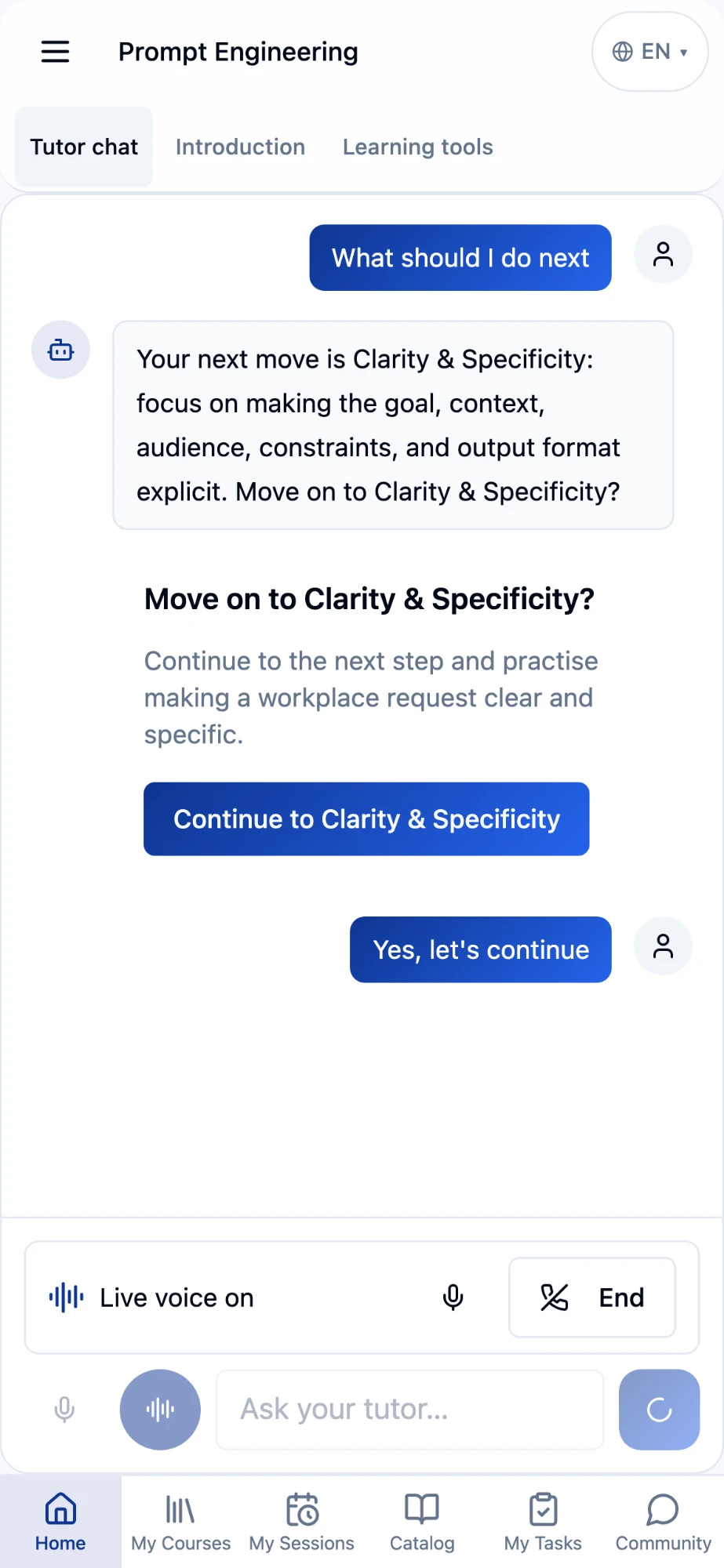 Tutor chat on a phone: What should I do next, with live voice on